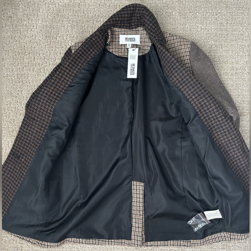 BB Dakota Patchwork Plaid Blazer Mixed Brown Black Plaid Jacket XS New With Tags - Picture 5 of 10
